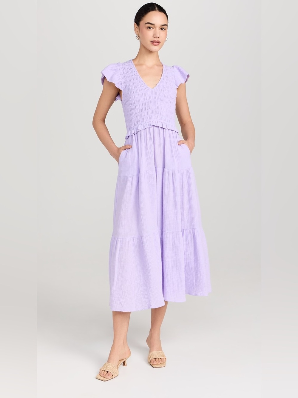 o.p.t Phoebe Smocked Purple Midi Dress Medium Cotton Pullover Casual Modest NWT